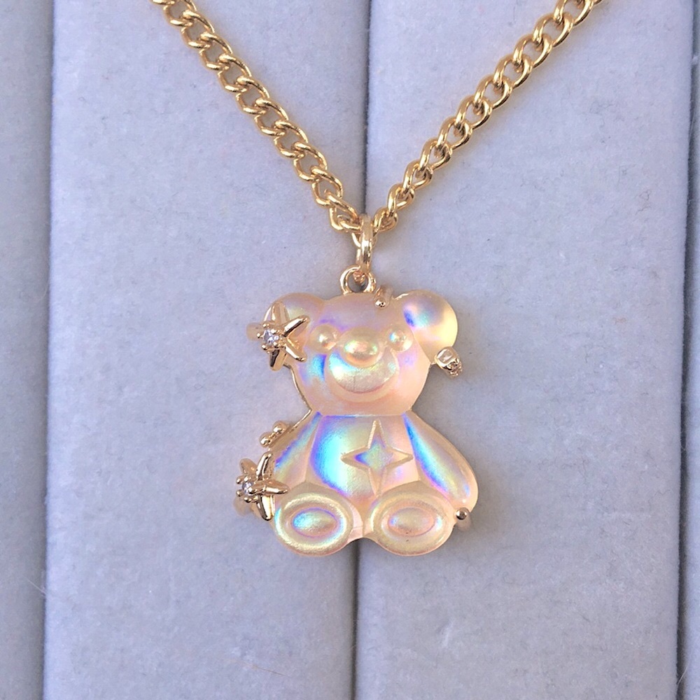 Iridescent White + Gold Gummy Bear Crystal Drop Pendant Necklace